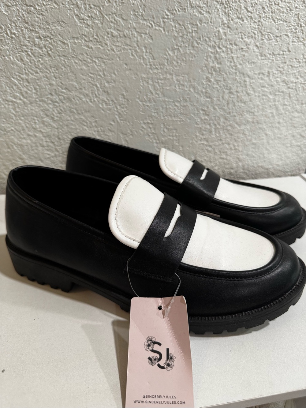 Sincerly Jules Black and White Two-Tone Penny Loafers